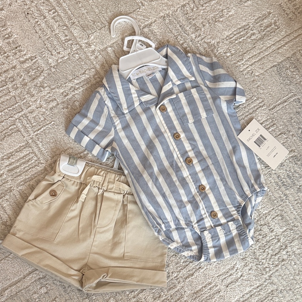 Blue & White Striped Button Romper with Beige Shorts